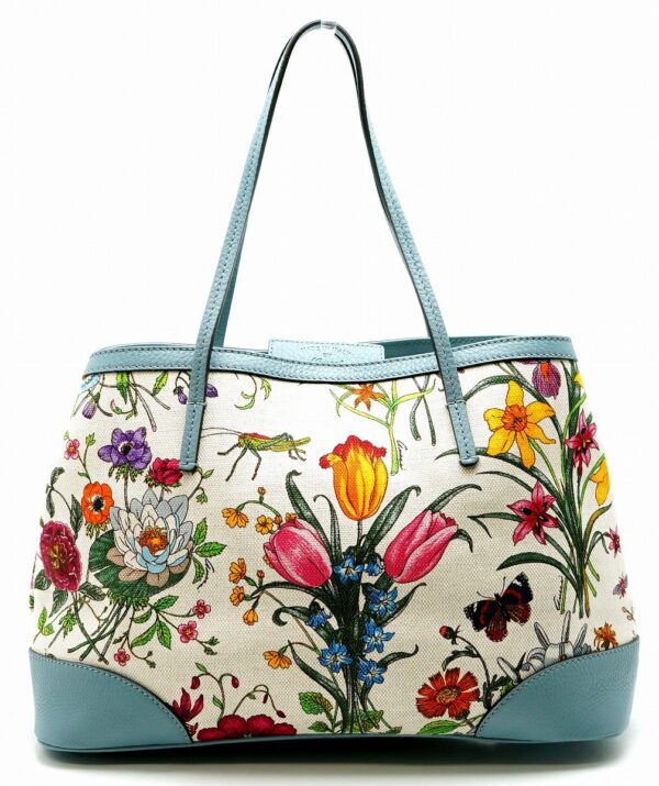 11600844 Gucci Flora Tote Bag Canvas Leather Blue Floral Pattern