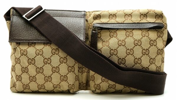 11601352 Gucci GG Canvas Body Bag Waist Pouch Leather Khaki Beige Brown