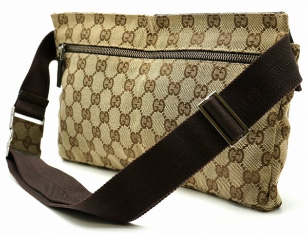 11601352 1 Gucci GG Canvas Body Bag Waist Pouch Leather Khaki Beige Brown