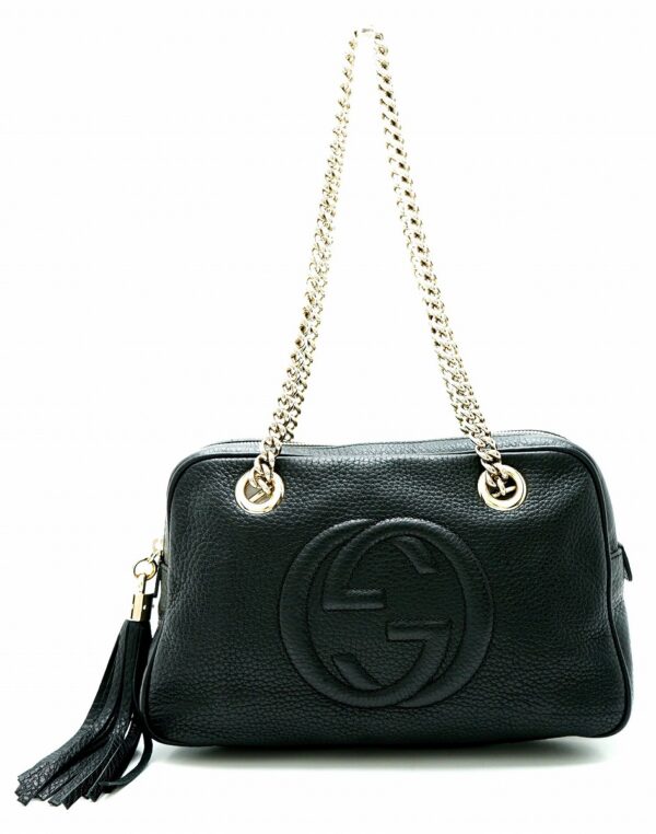 11610332 Gucci Soho Leather Shoulder Bag Fringe Black Chain