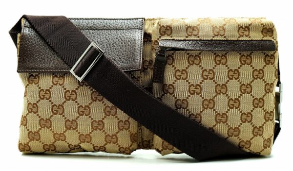 11611034 Gucci GG Canvas Body Bag Waist Pouch Leather Khaki Beige Brown