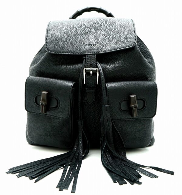 11611665 Gucci Bamboo Rucksack Shoulder Bag Fringe Leather Black