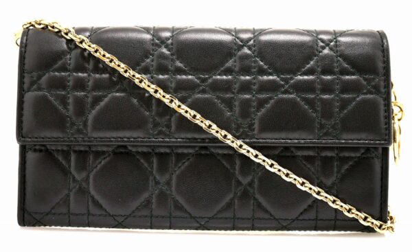 11650668 Christian Dior Lady Dior Cannage Chain Wallet Leather Black