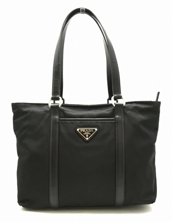 11651850 Prada Nylon Leather Tote Bag Shoulder Black