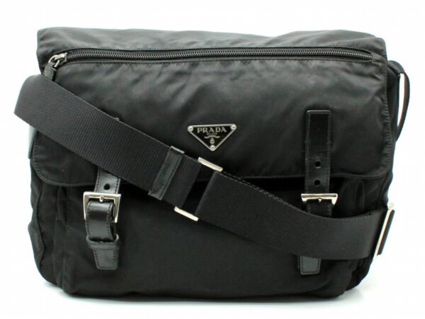 11660757 Prada Nylon Shoulder Bag Crossbody Leather Black