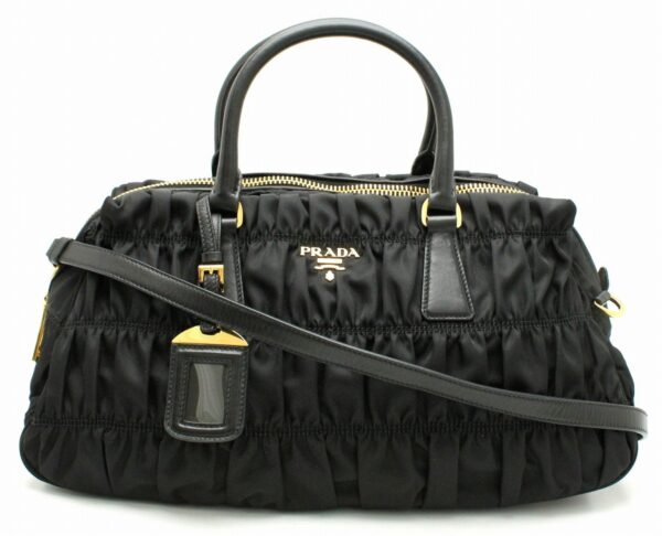 11661901 Prada Gathered Tote Bag 2WAY Shoulder Nylon Leather Black