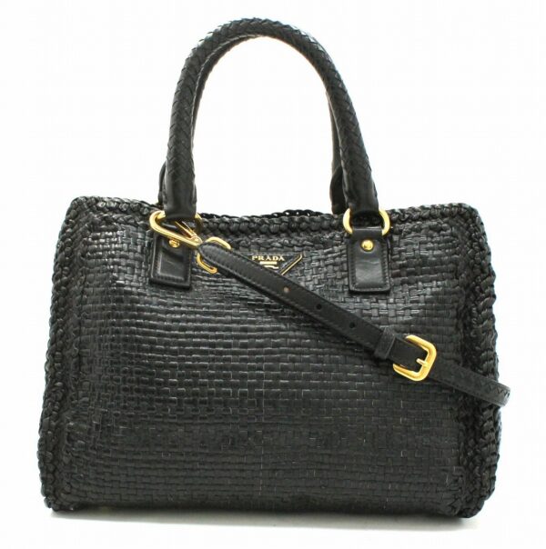 11662092 Prada Braided Handbag 2WAY Shoulder Nylon Leather Black