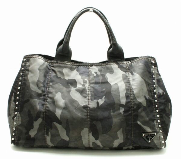 11662122 Prada Tote Bag Handbag Camouflage Nylon Leather Studs Black