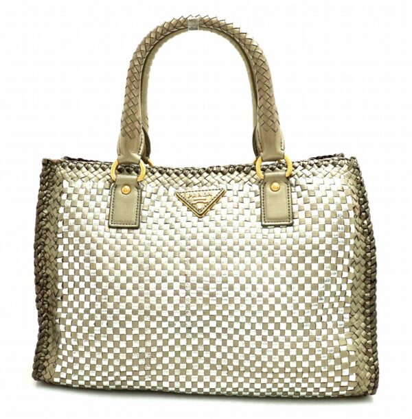 11662376 Prada Braided Madras Handbag Tote Nylon Leather Silver