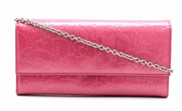 11670487 Christian Dior Lady Dior Trotter Chain Wallet Enamel Leather Pink