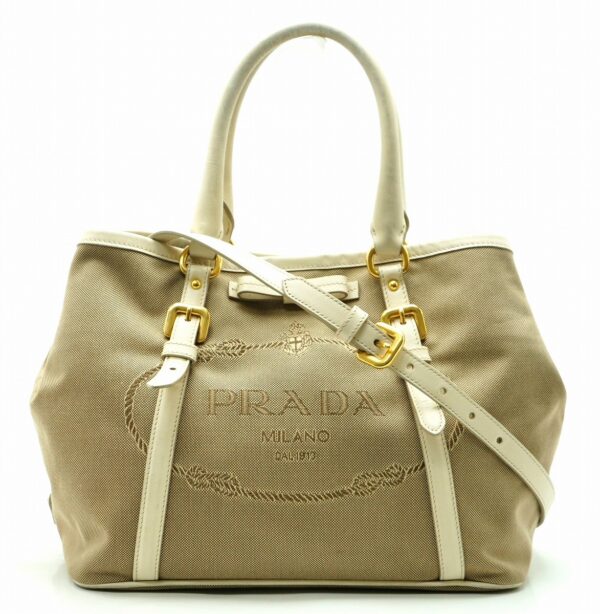 11670607 Prada Logo Jacquard Handbag 2WAY Shoulder Bag Khaki Beige Ivory