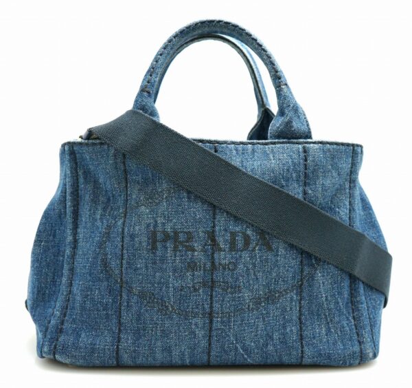 11670930 Prada Canapa Denim Tote Bag 2WAY Shoulder Bag Avio Navy Blue