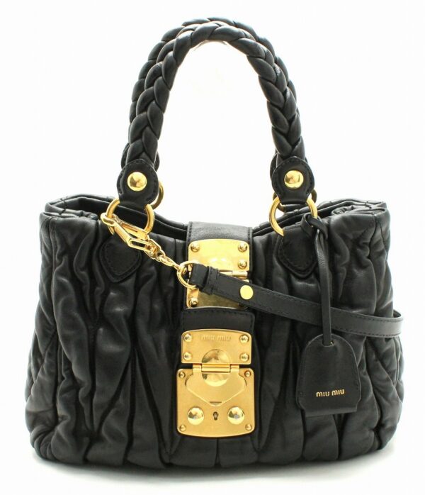 11671108 Miu Miu Matelassé 2Way Shoulder Bag Gathered Leather Black