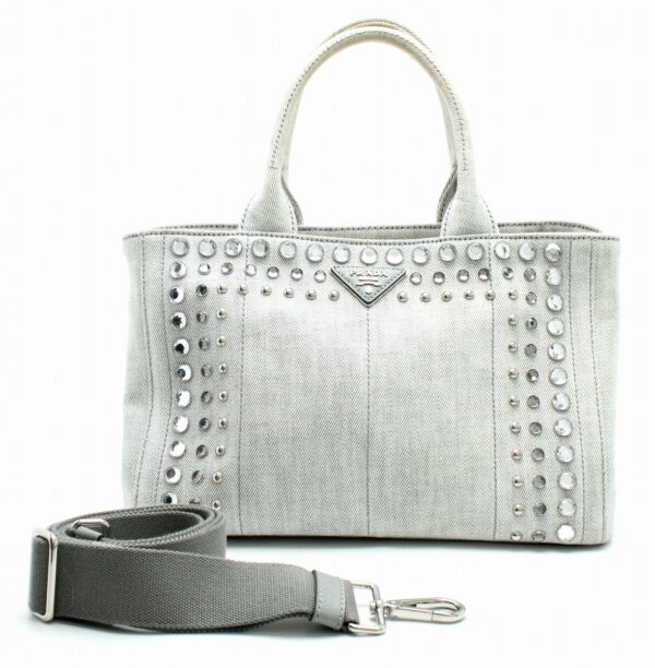 11680971 Prada Canapa Tote Bag Bijou Studded Handbag Canvas Denim Gray