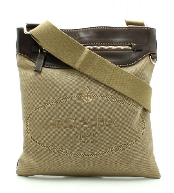 11681166 Prada Jacquard Shoulder Bag Canvas Khaki Brown