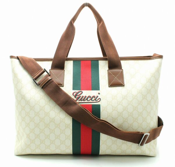 11691543 Gucci GG Supreme Webbing Line Tote Bag Ivory Brown