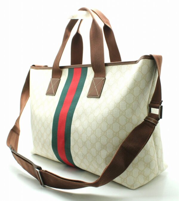 11691543 1 Gucci GG Supreme Webbing Line Tote Bag Ivory Brown