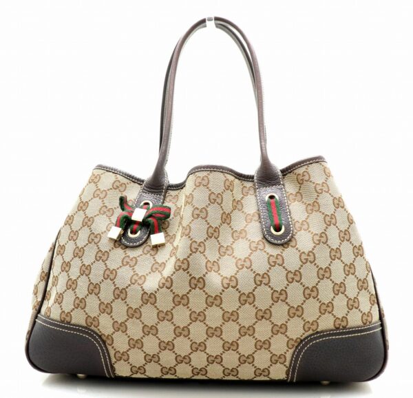 11710204 Gucci Princy Line GG Ribbon Tote Bag Leather Khaki Beige Brown