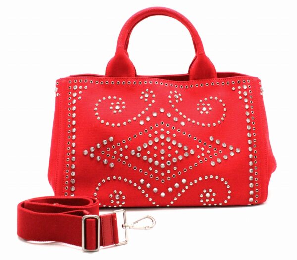 11720211 Prada Canapa 2WAY Tote Bag Studs Bijou Red