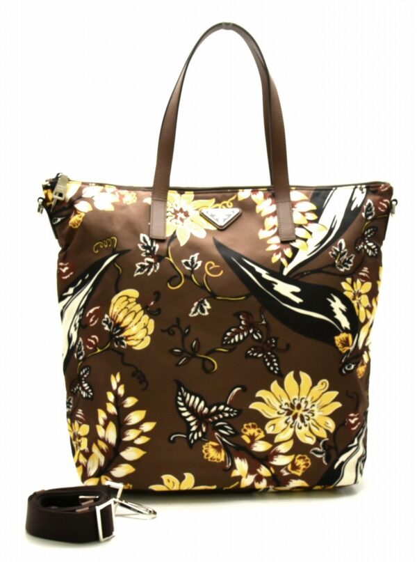 11720212 Prada 2WAY Tote Bag Flower Print Nylon Brown