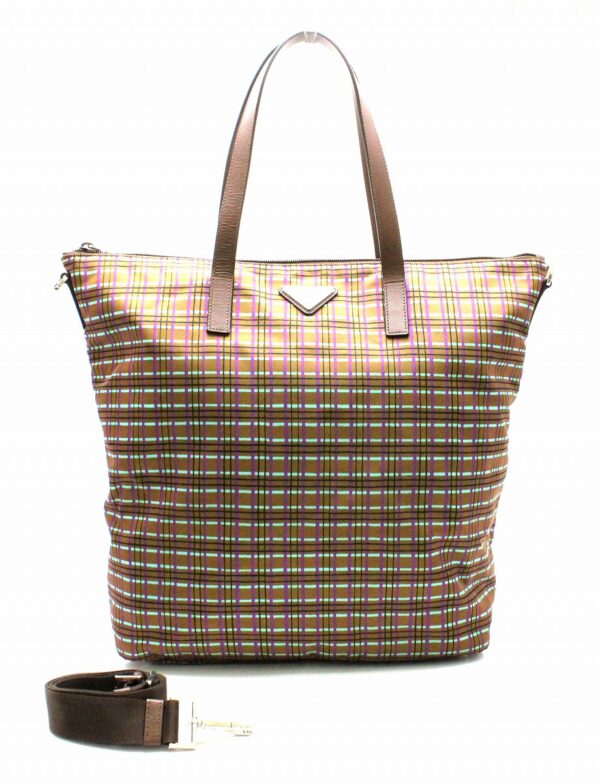 11740140 Prada Plaid Tote Bag 2WAY Nylon Khaki Purple