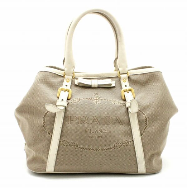 11740152 Prada Logo Jacquard Ribbon Handbag Khaki Beige