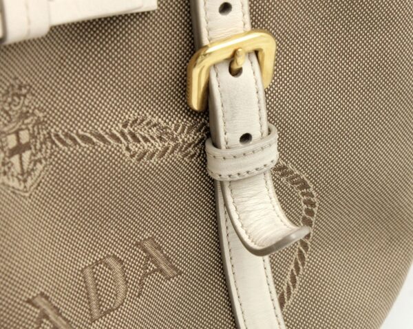 11740152 6 Prada Logo Jacquard Ribbon Handbag Khaki Beige