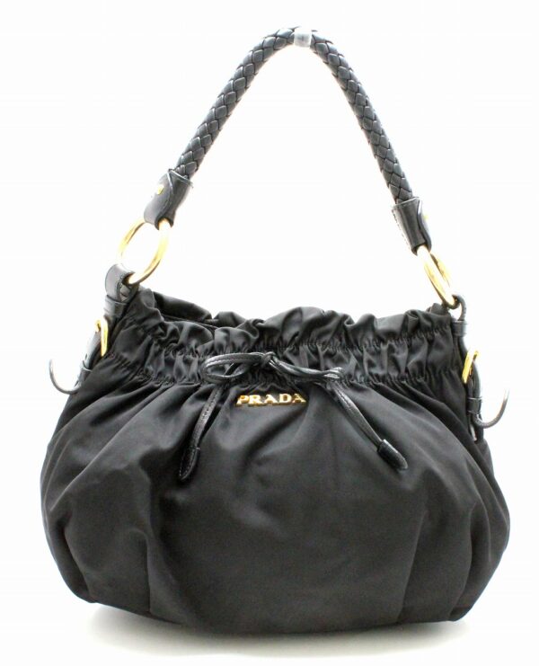 11770111 Prada Gathered Handbag Ribbon Nylon Black