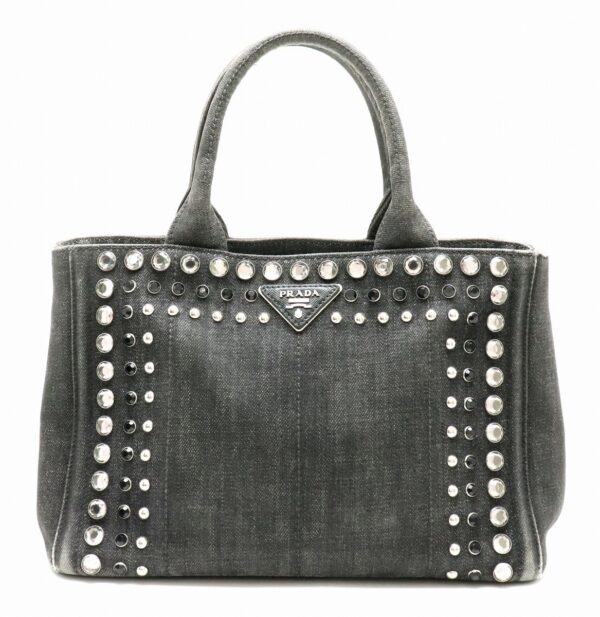 11810522 Prada Canapa Bijou Tote Bag Studded Denim Nero Black