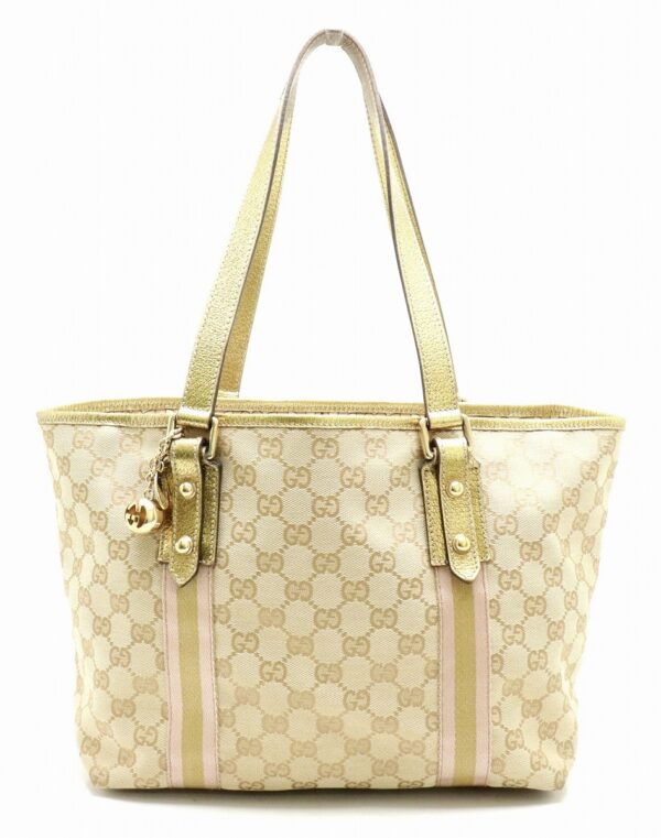 11830256 Gucci GG Tote Bag Metallic Leather Khaki Beige with Charm