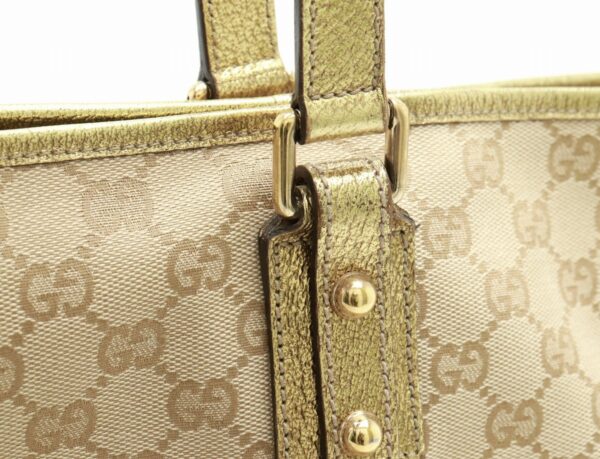 11830256 6 Gucci GG Tote Bag Metallic Leather Khaki Beige with Charm