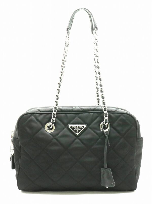 11840137 Prada Logo Quilted Chain Shoulder Bag Nylon Leather Nero Black