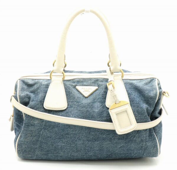 11840335 Prada 2WAY Handbag Denim Leather Blue Off White