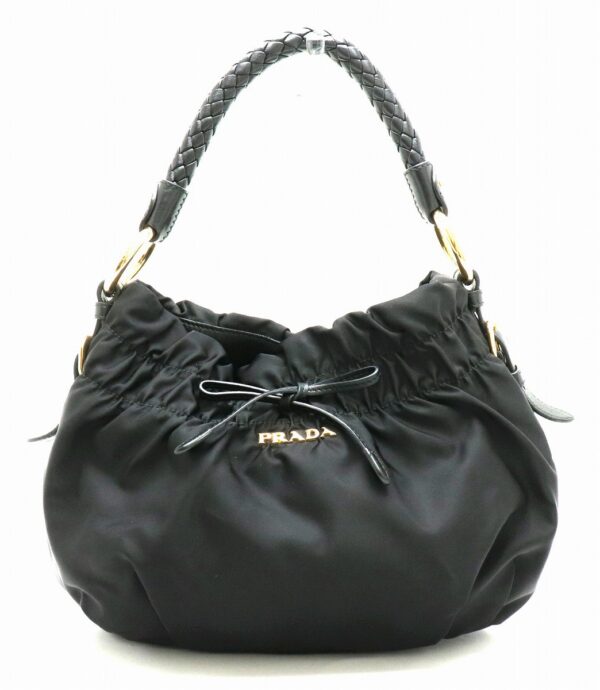 11860314 Prada Gathered Handbag Nylon Leather Nero Black