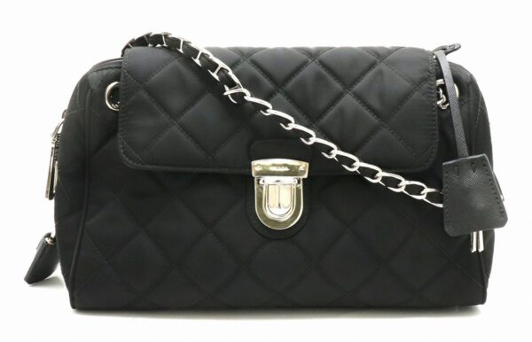 11881453 Prada Logo Quilted Chain Shoulder Bag Nylon Leather Black