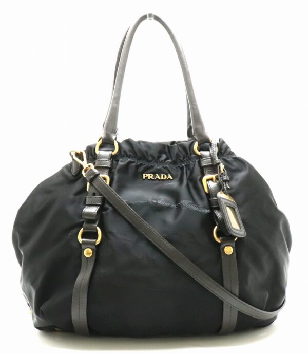 11881534 Prada Nylon Jacquard Shoulder Tote 2WAY Leather Nero Black