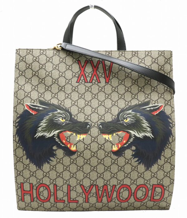 11890539 Gucci GG Supreme Wolf Print Tote Bag 2way Leather Khaki Beige