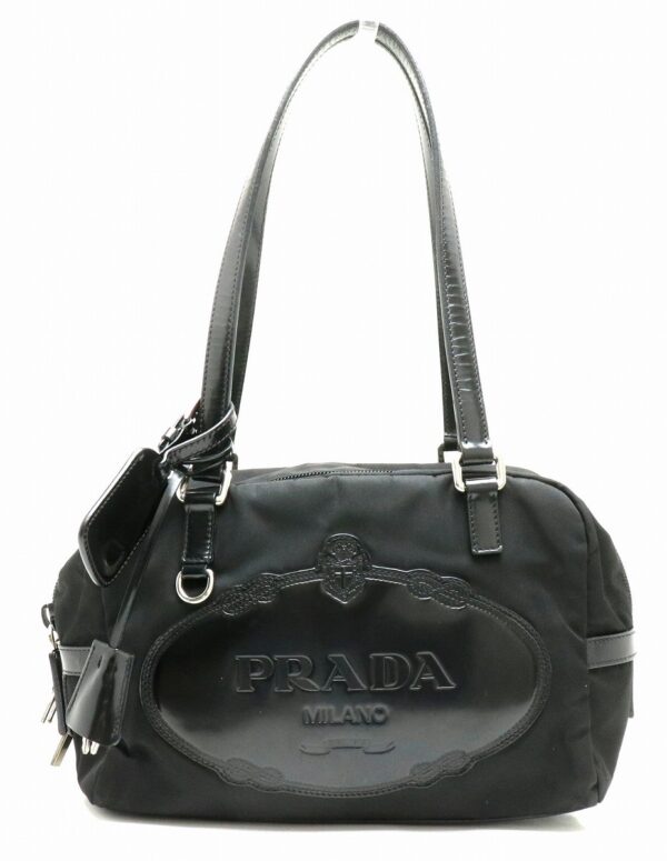 11891029 Prada Logo Tessuto Print Handbag Leather Nero Black