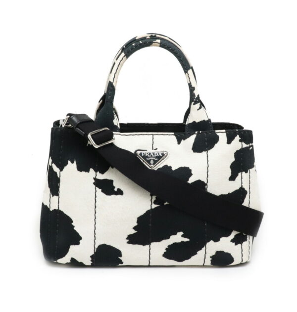 11911044 Prada Canapa Tote Bag 2WAY Cow Canvas Black White