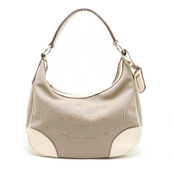 11911048 Prada Logo Jacquard Shoulder Bag Leather Khaki Beige