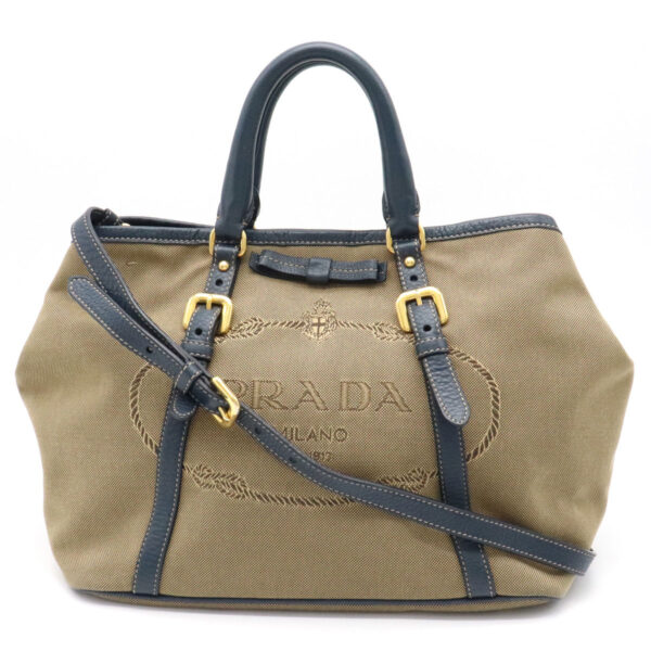 11931099 Prada Logo Jacquard Handbag 2WAY Leather Khaki Blue