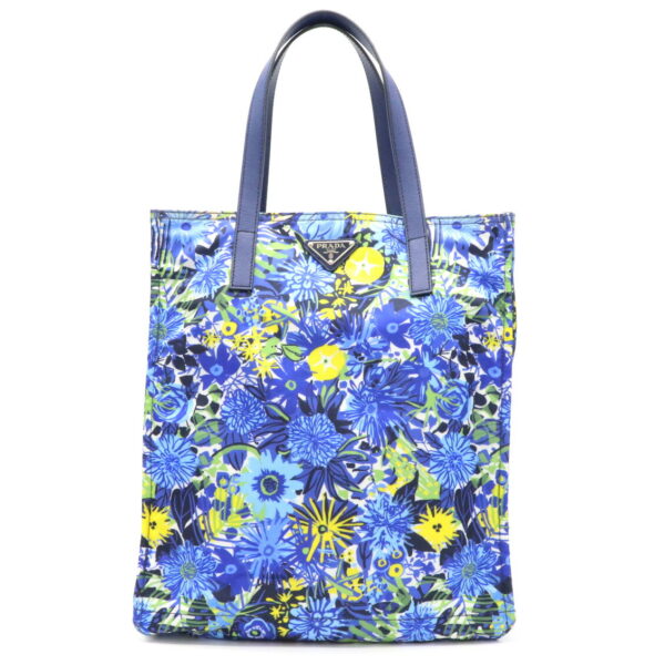 11931578 Prada Tote Bag Floral Pattern Nylon Leather Blue Yellow