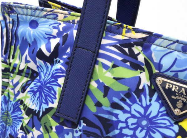 11931578 5 Prada Tote Bag Floral Pattern Nylon Leather Blue Yellow