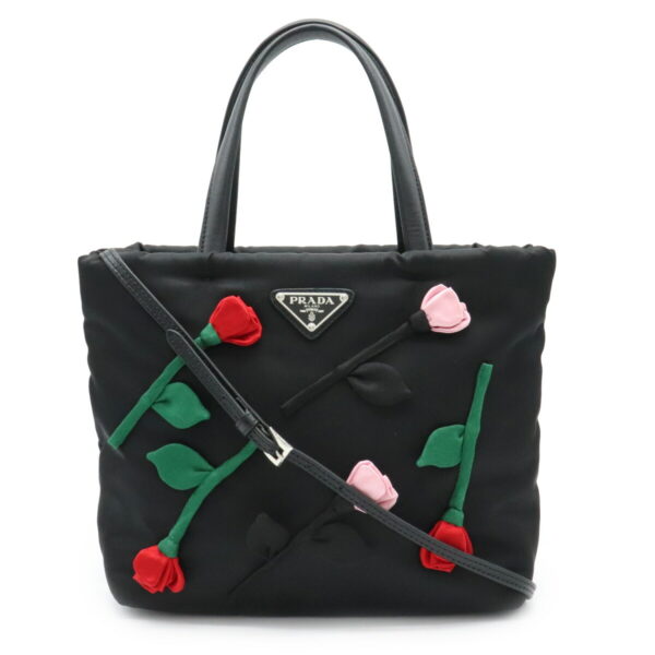 11960067 Prada 2WAY Shoulder Bag Flower Applique Nylon Satin Nero Black