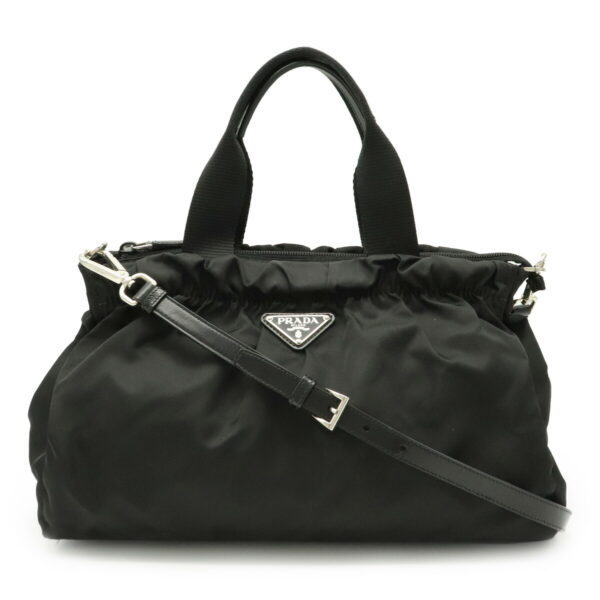 11990204 Prada Gathered 2WAY Shoulder Bag Nylon Leather Nero Hardware