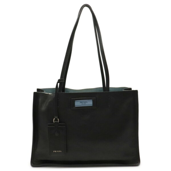 11990829 Prada Etiquette Tote Bag Leather Black Light Blue