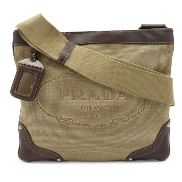 12000928 Prada Jacquard Canvas Leather Crossbody Bag Khaki Brown