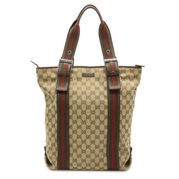 12020478 Gucci GG Webbing Line Tote Leather Khaki Beige Red Green