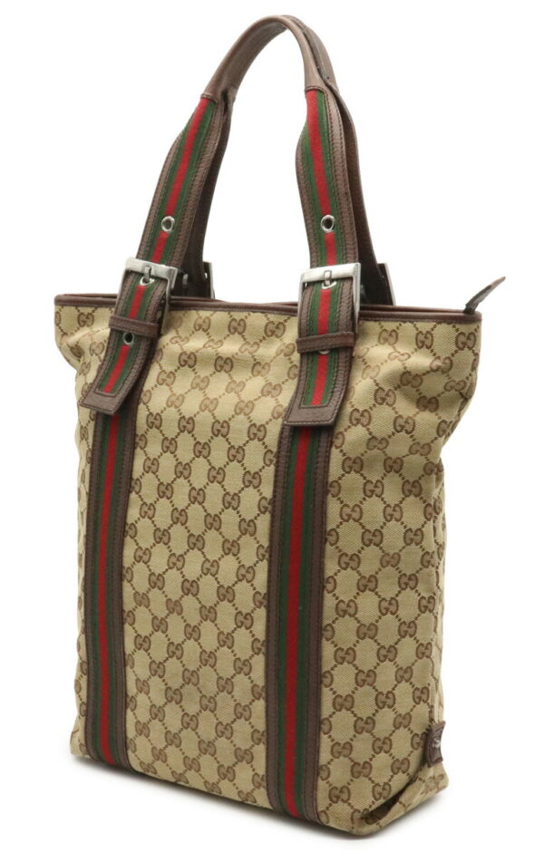 12020478 1 Gucci GG Webbing Line Tote Leather Khaki Beige Red Green