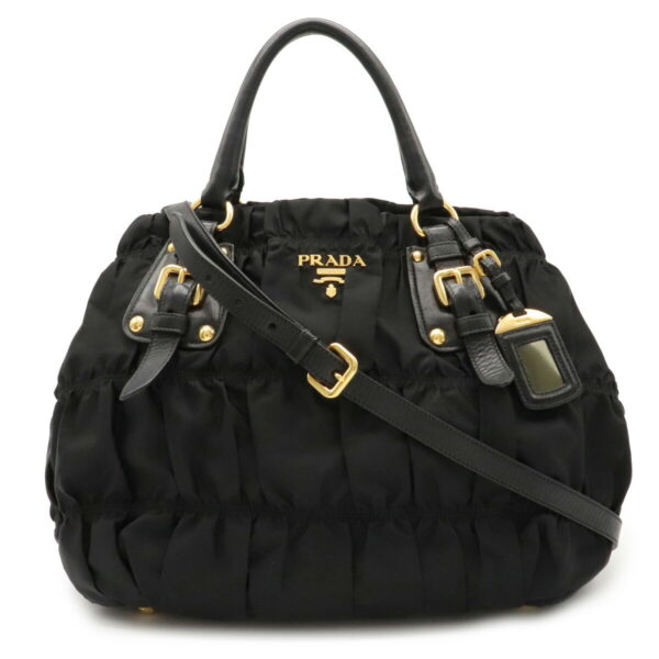 12021061 Prada Gathered 2WAY Nylon Leather Shoulder Bag Nero Black